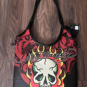 Ed Hardy Black and Red Skull Shoulder Bag